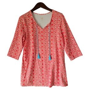Belle Kim Gravel Women's Tunic Top Geometric Print Orange Turquoise Size M